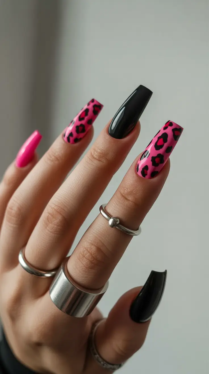 beauty spring hot pink nails 2026 Hot Pink and Black Leopard Statement Mix