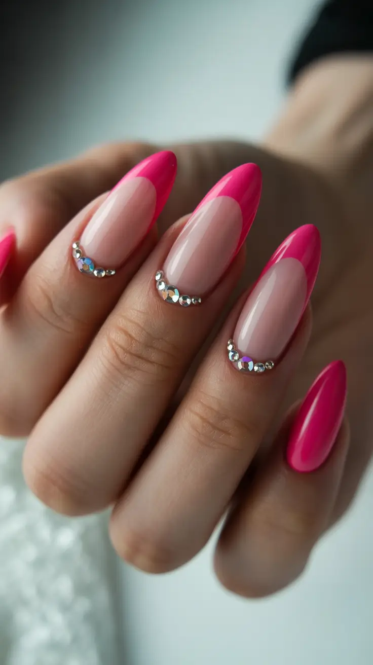 beauty spring hot pink nails 2026 Rhinestone Curve Accents on Hot Pink French