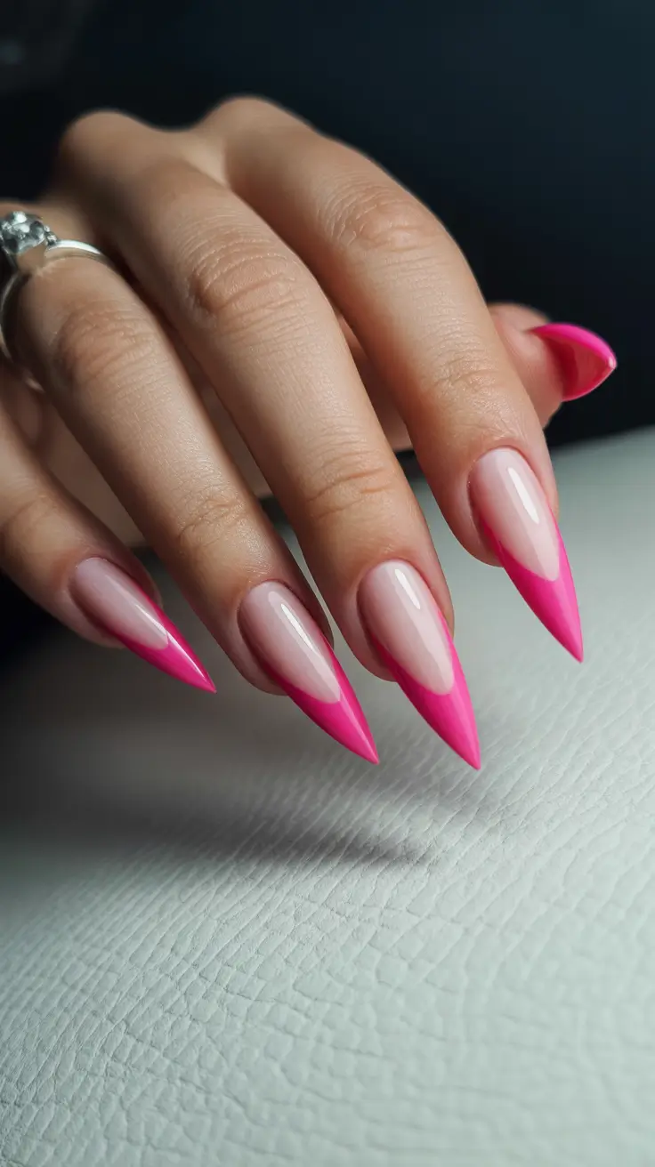 beauty spring hot pink nails 2026 Sharp Stiletto Pink French Fade