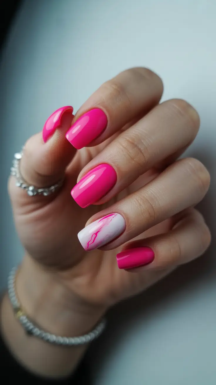 beauty spring hot pink nails 2026 Short Square Pop with Abstract Accent