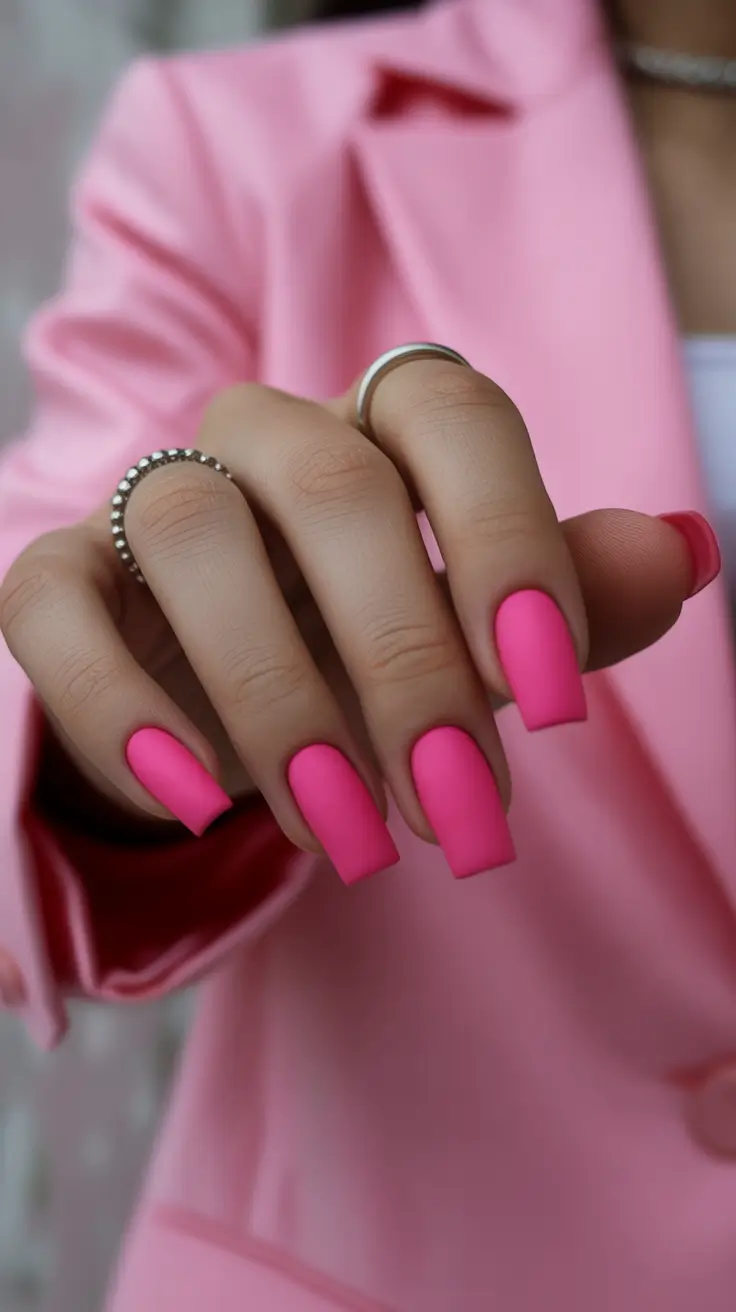 beauty spring hot pink nails 2026 Matte Barbie Pink Long Square Acrylics