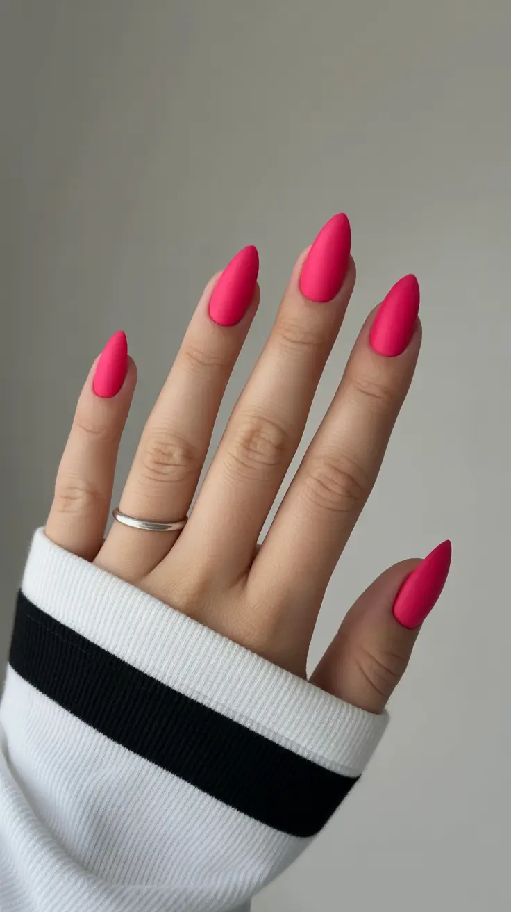 beauty spring hot pink nails 2026 Matte Stiletto Pink with Clean Edges