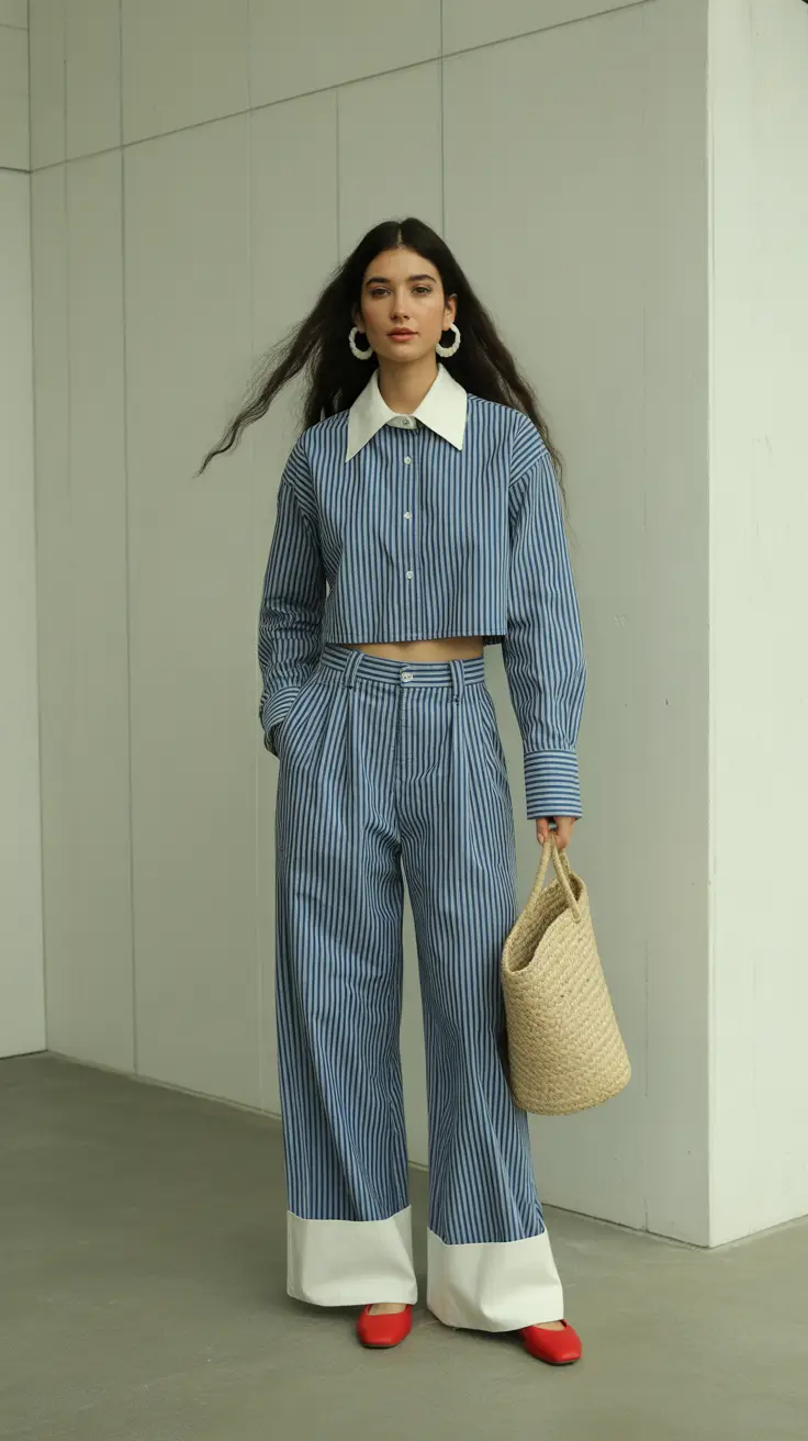bold spring break outfit 2026 Striped Set with Retro-Tailored Ease