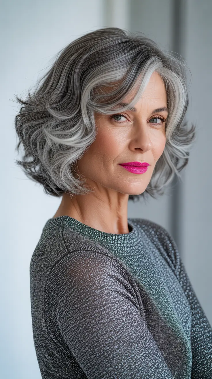 chicest spring haircuts for women over 50 2026 Voluminous Silver Layered Bob with Face-Framing Lift