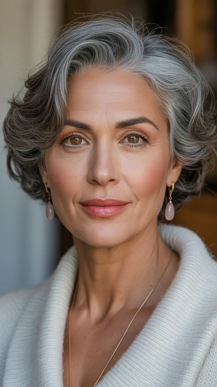 chicest spring haircuts for women over 50 2026 Soft Sculpted Gray Short Bob with Side Sweep