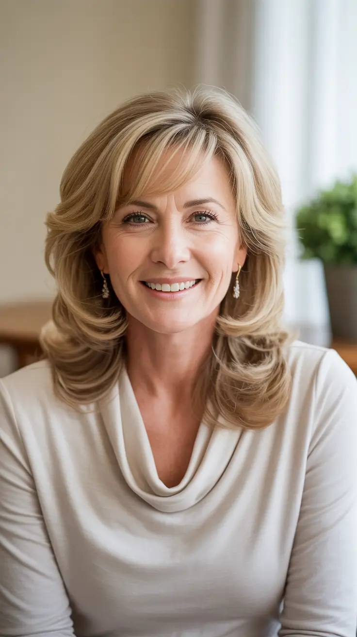 chicest spring haircuts for women over 50 2026 Shoulder-Length Feathered Blonde with Soft Layers