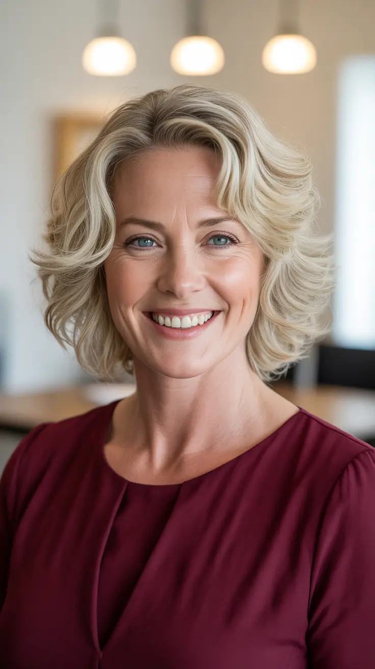 chicest spring haircuts for women over 50 2026 Soft Blonde Mid-Length Shag with Natural Texture