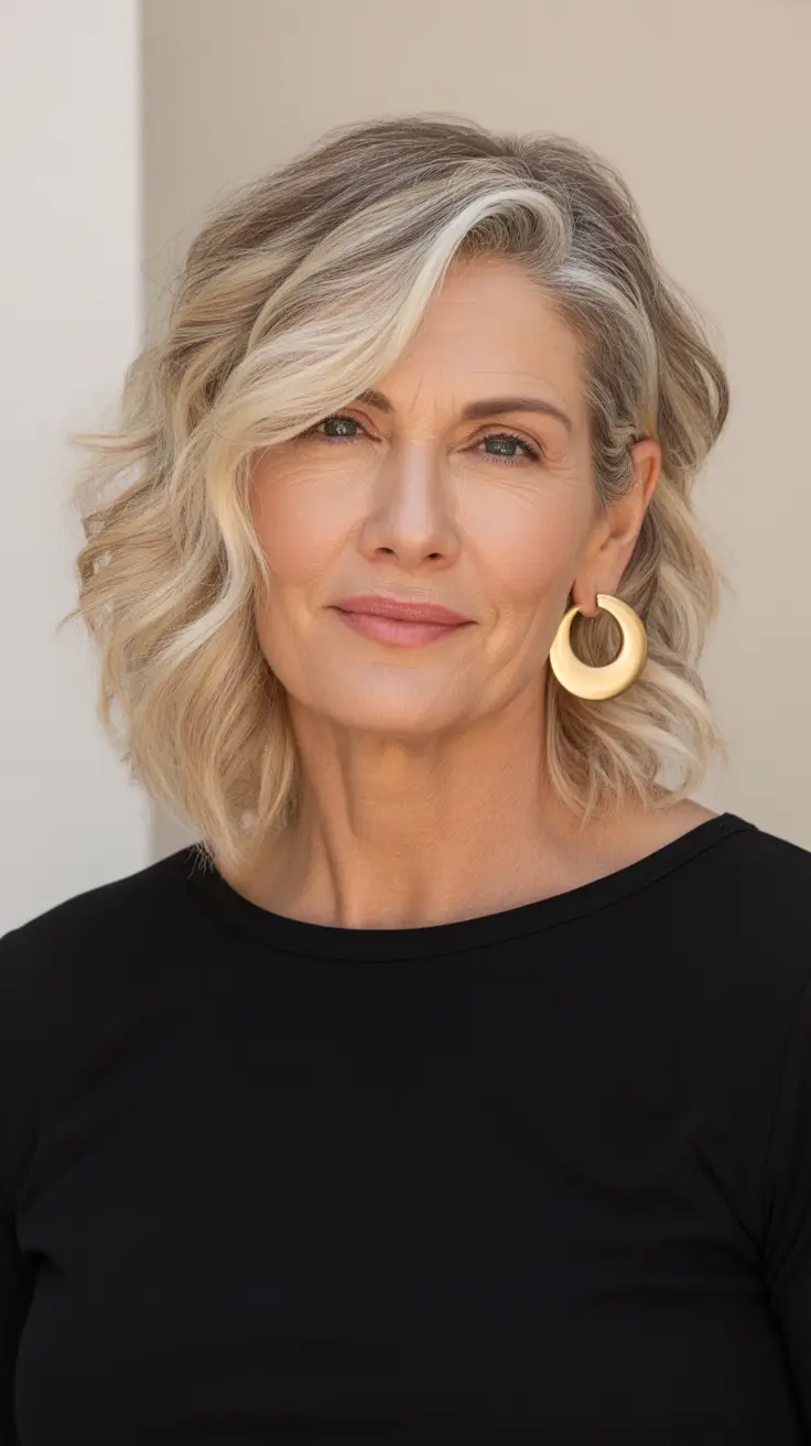 chicest spring haircuts for women over 50 2026 Textured Blonde Long Bob with Side Volume