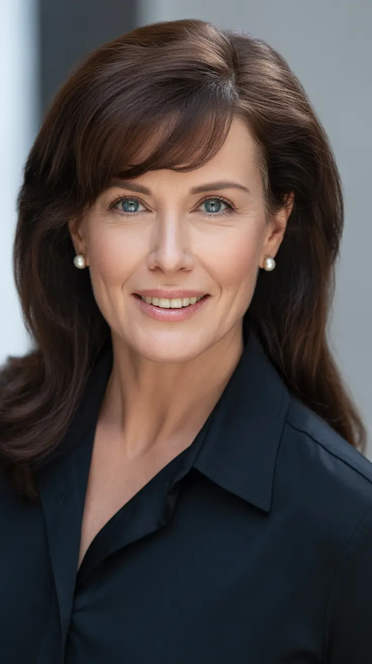 chicest spring haircuts for women over 50 2026 Soft Layered Long Cut with Side-Swept Bangs