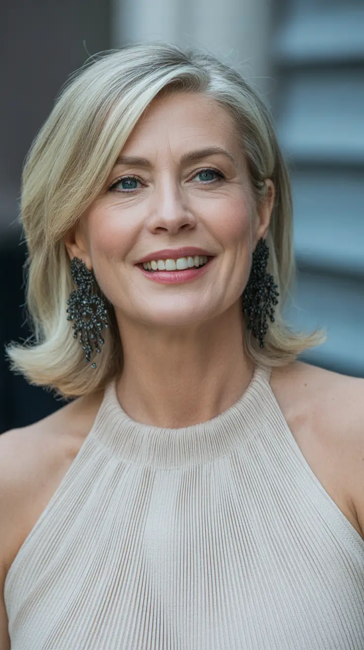 chicest spring haircuts for women over 50 2026 Feathered Shoulder-Length Blonde with Flipped Ends