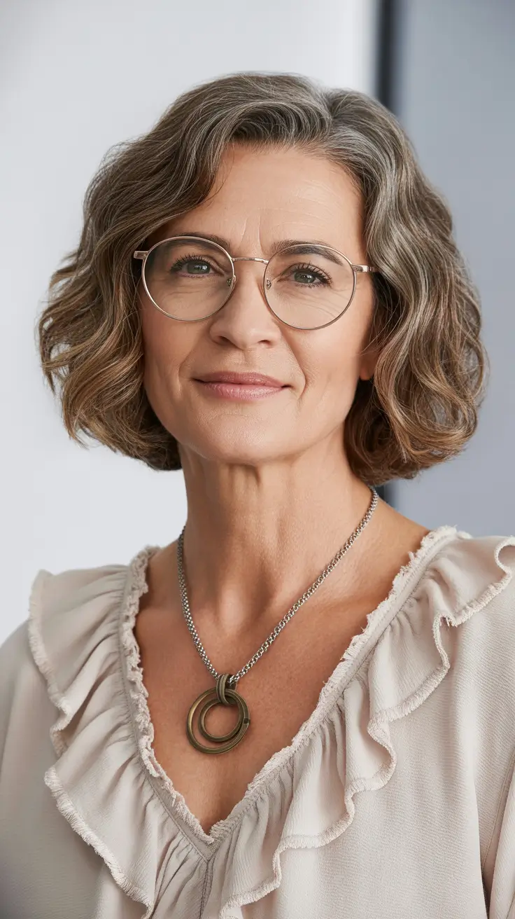 chicest spring haircuts for women over 50 2026 Wavy Short Bob with Natural Texture for Glasses