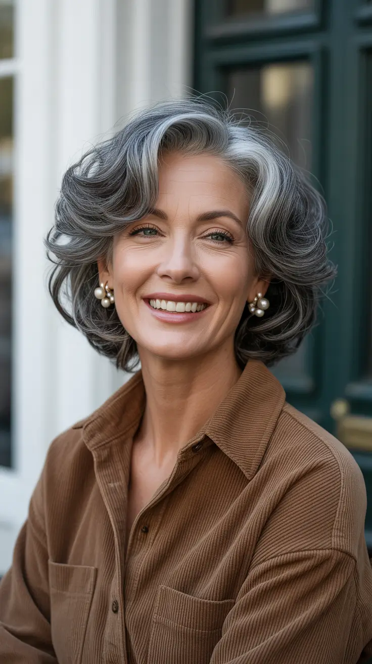 chicest spring haircuts for women over 50 2026 Silver Side-Parted Voluminous Bob