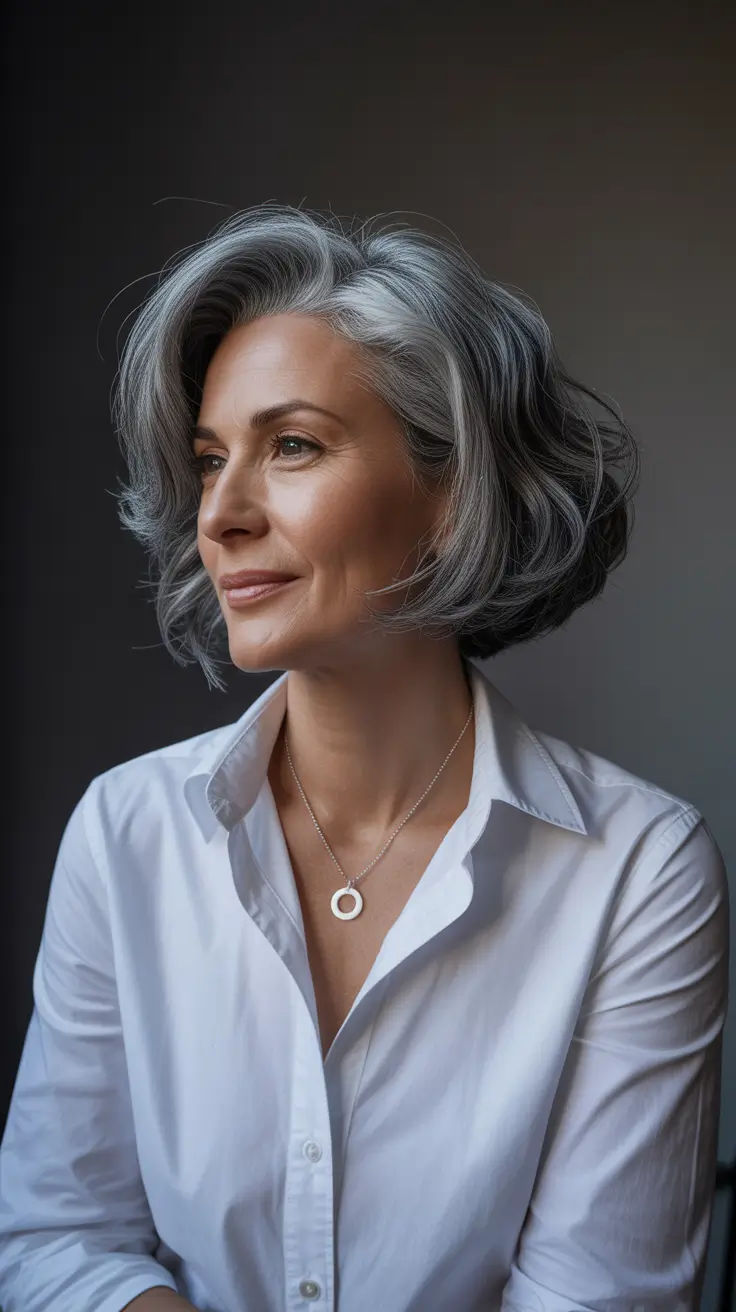 chicest spring haircuts for women over 50 2026 Modern Textured Silver Pageboy Revival