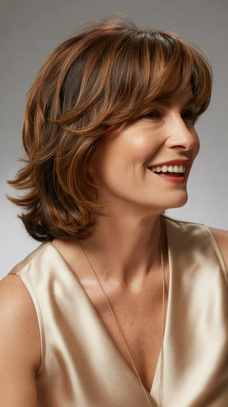 chicest spring haircuts for women over 50 2026 Feathered Mid-Length Layered Cut with Soft Bangs
