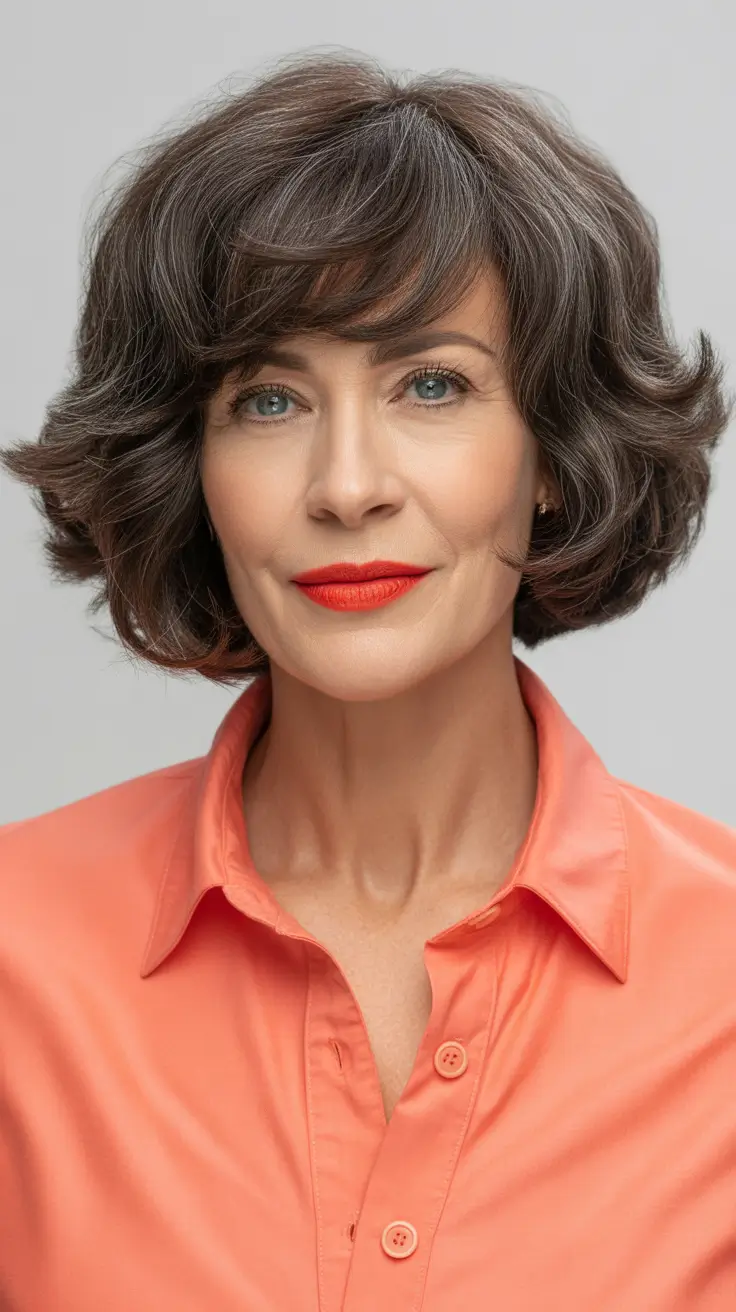 chicest spring haircuts for women over 50 2026 Layered Mid-Length Bob with Feathered Bangs