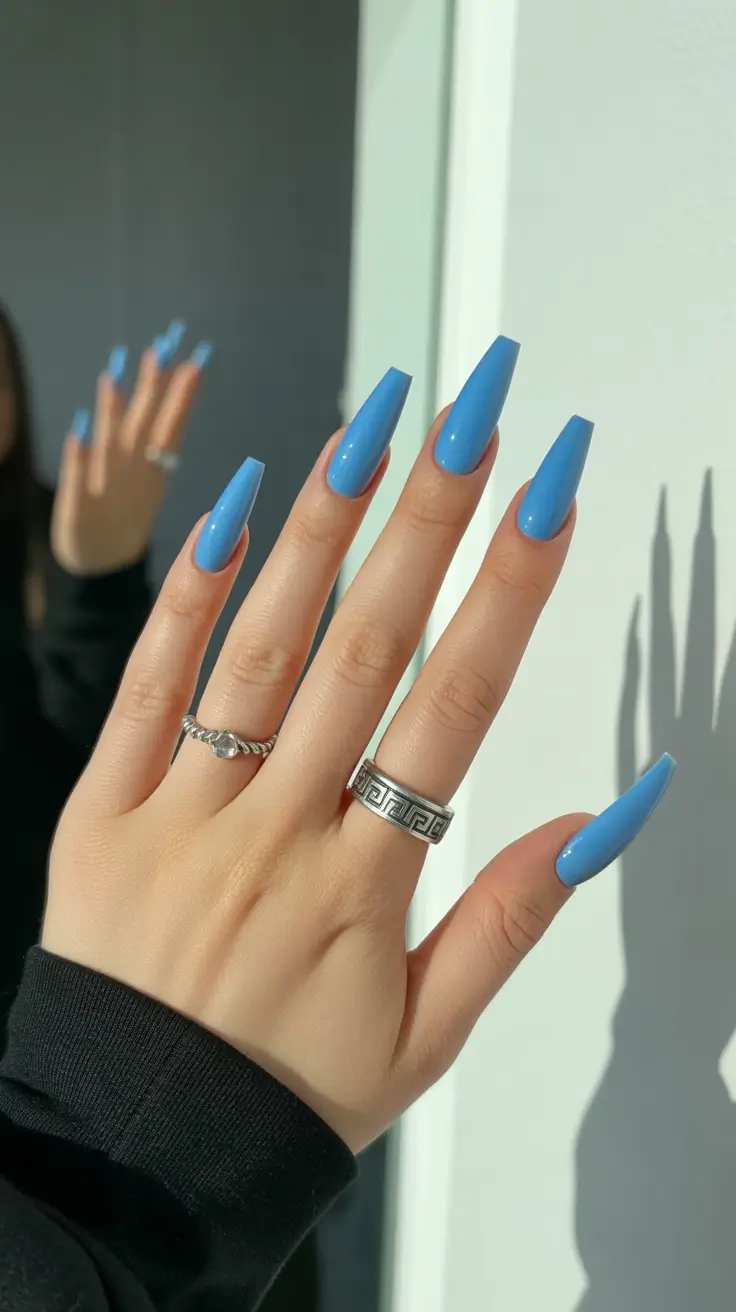 classic spring long nails ideas 2026 Powder Blue Coffin Elegance