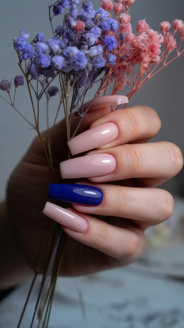 classic spring long nails ideas 2026 Soft Pink Square with Bold Blue Accent