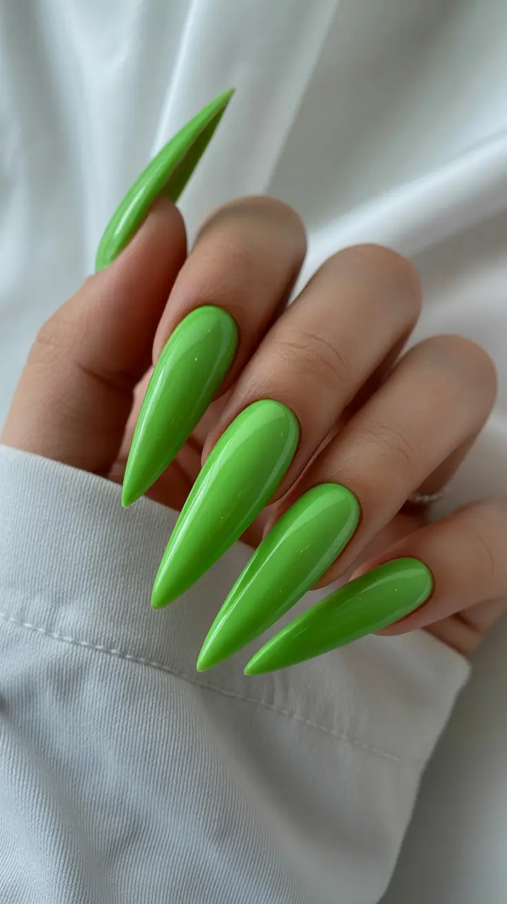 classic spring long nails ideas 2026 Glossy Lime Green Statement Stiletto