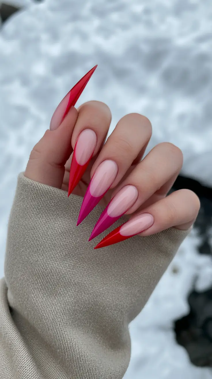 classic spring long nails ideas 2026 Red and Pink Gradient French Stiletto