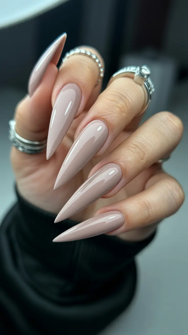 classic spring long nails ideas 2026 Cool Taupe Almond Gloss