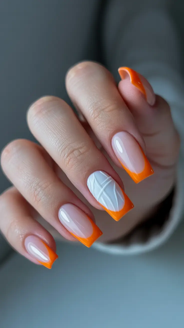 classic spring long nails ideas 2026 Neon Orange French with Textured Accent