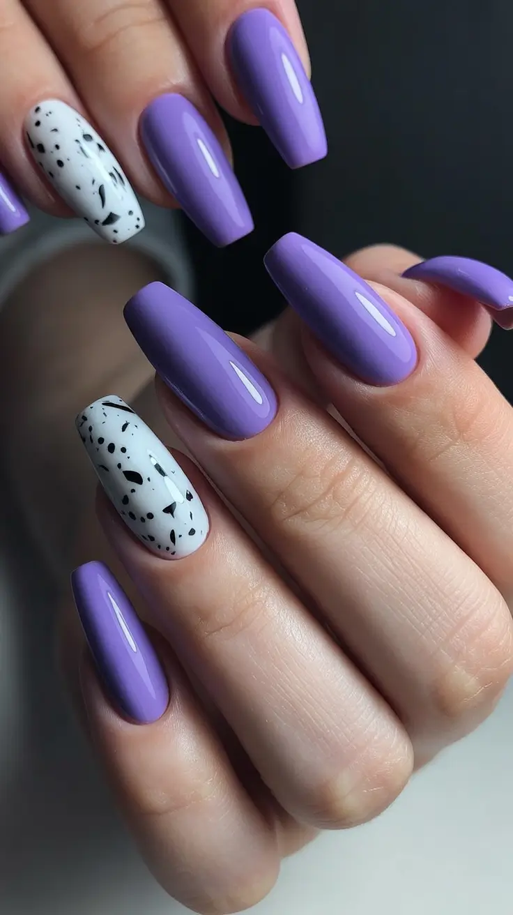 classic spring long nails ideas 2026 Lavender Gloss with Speckled Accent