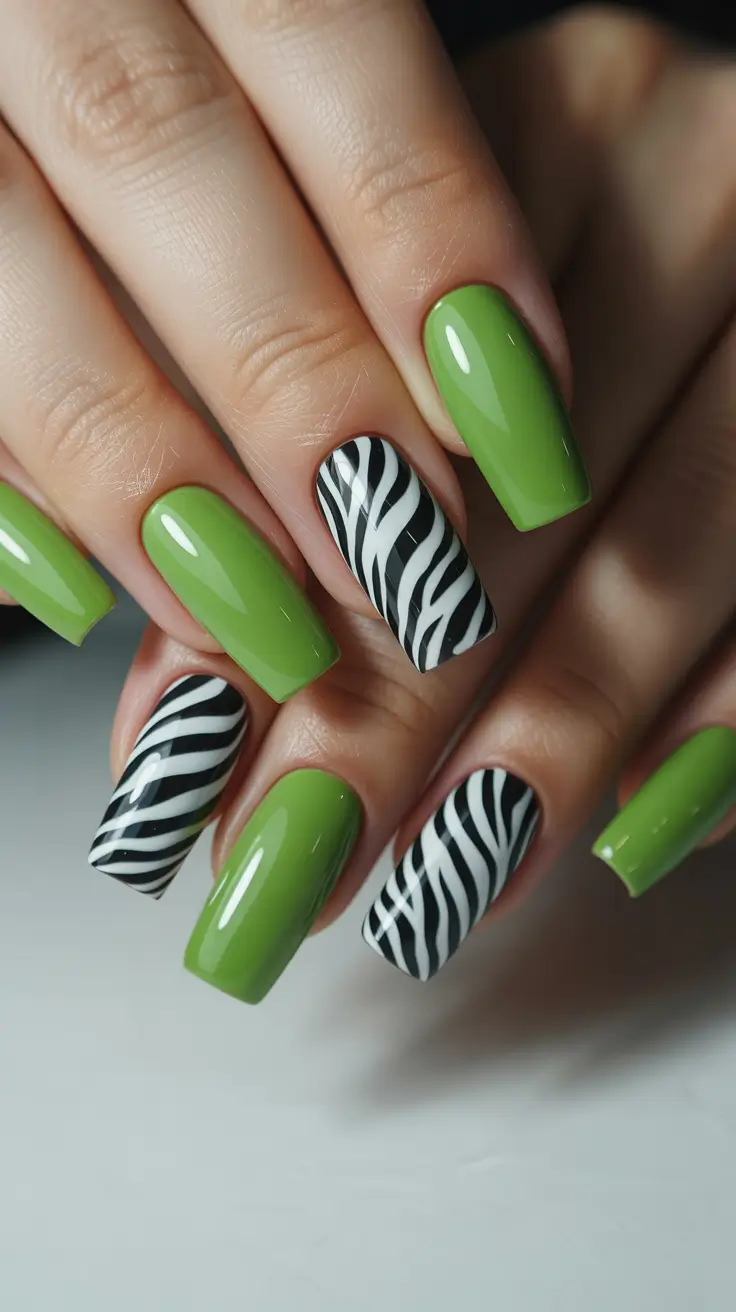 classic spring long nails ideas 2026 Green Gloss with Zebra Accent Art
