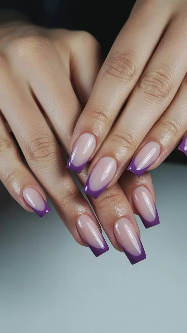 classic spring long nails ideas 2026 Purple Ombre French Square