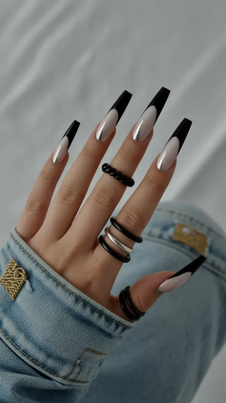 classic spring long nails ideas 2026 Graphic Black French on Sculpted Square