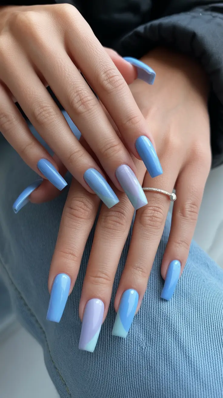 classic spring long nails ideas 2026 Blue and Lilac Diagonal Color Block
