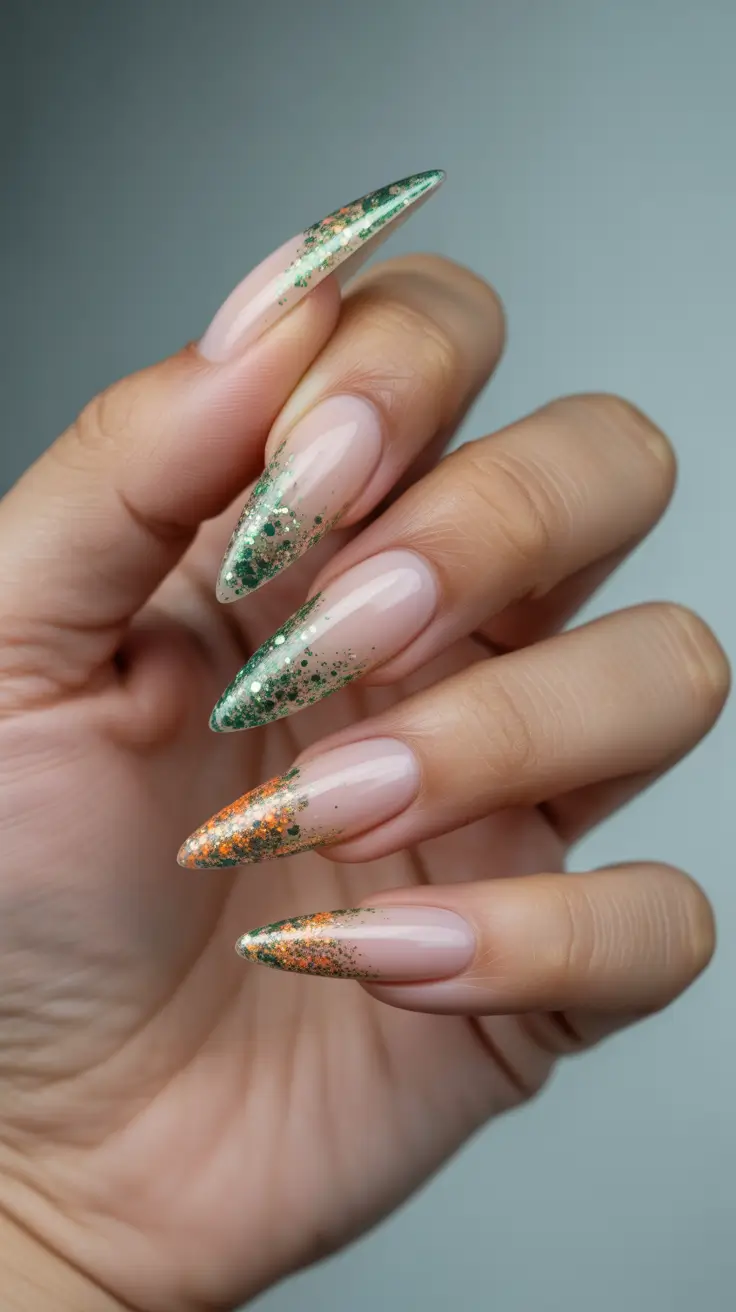 classic spring long nails ideas 2026 Emerald and Copper Glitter Stiletto Fade