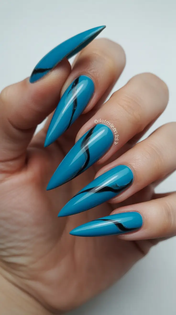classic spring long nails ideas 2026 Teal Wave Art on Long Stiletto Tips
