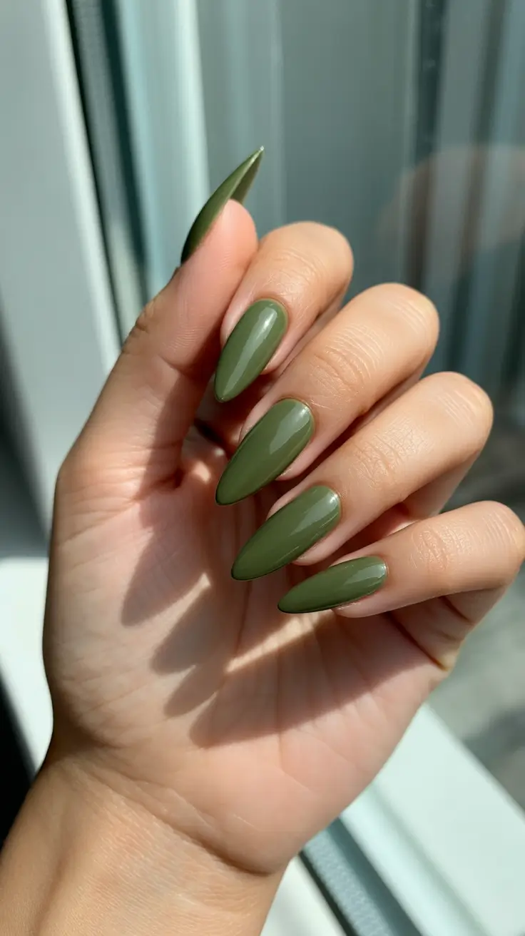 classic spring long nails ideas 2026 Olive Green Almond Minimalism