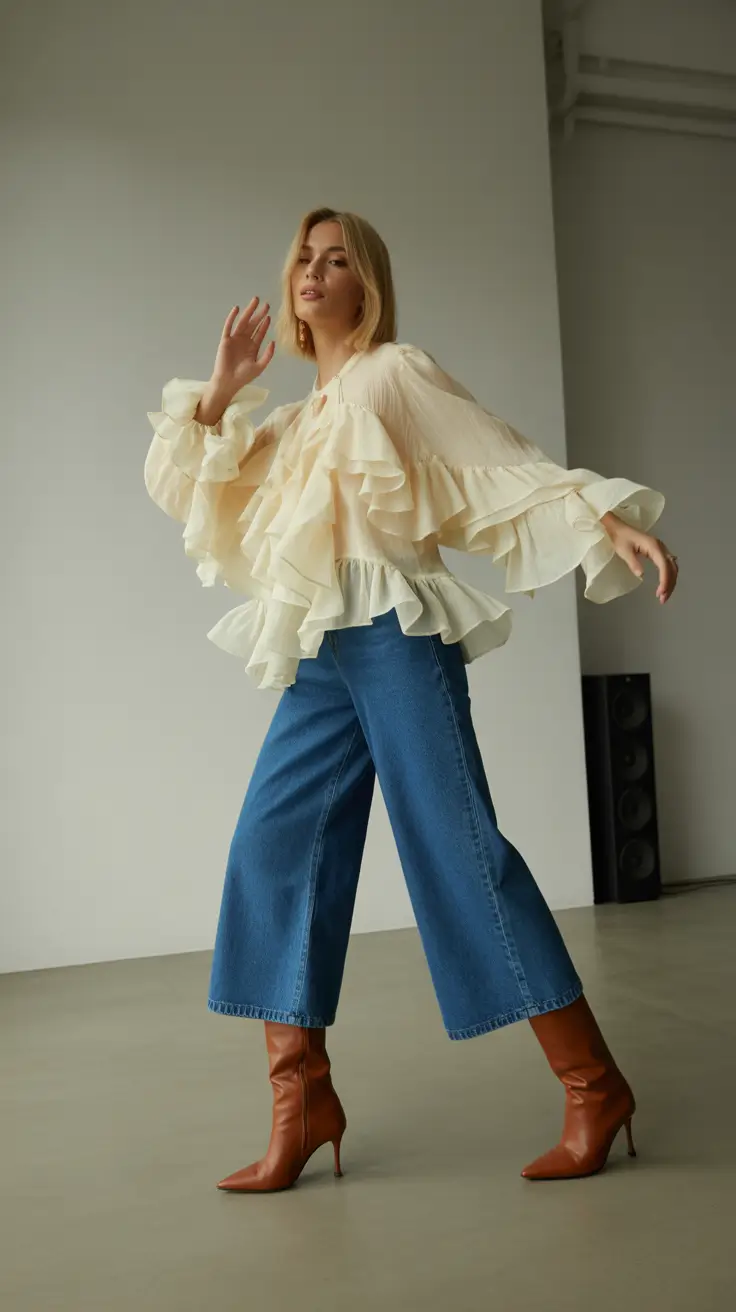comfortable casual spring outfits 2026 Statement Ruffles With Wide-Leg Denim Ease