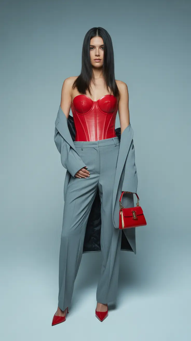 comfortable casual spring outfits 2026 Red Corset Power With Cool-Toned Tailoring