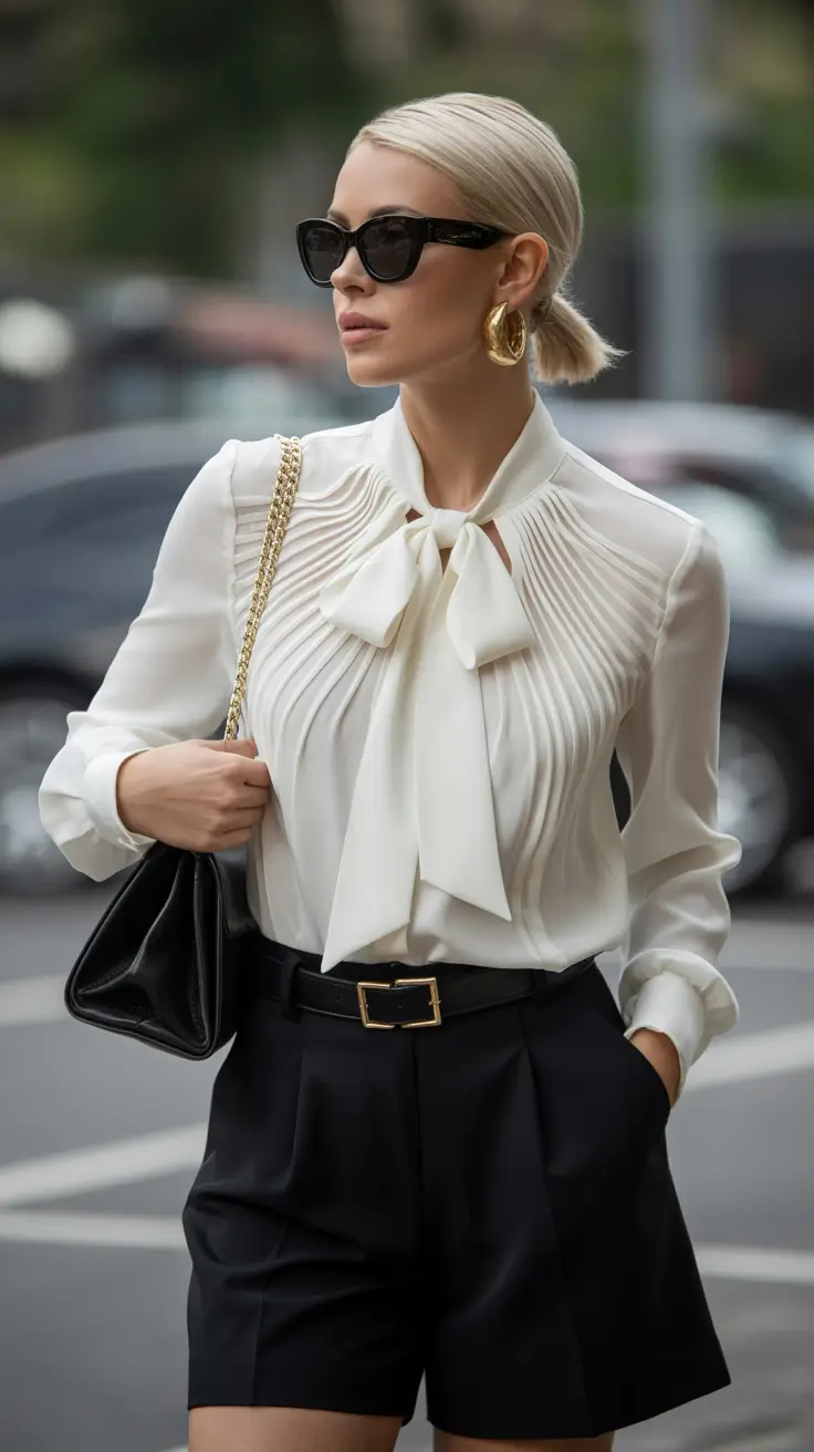 comfortable casual spring outfits 2026 Classic White Bow Blouse With Tailored Shorts