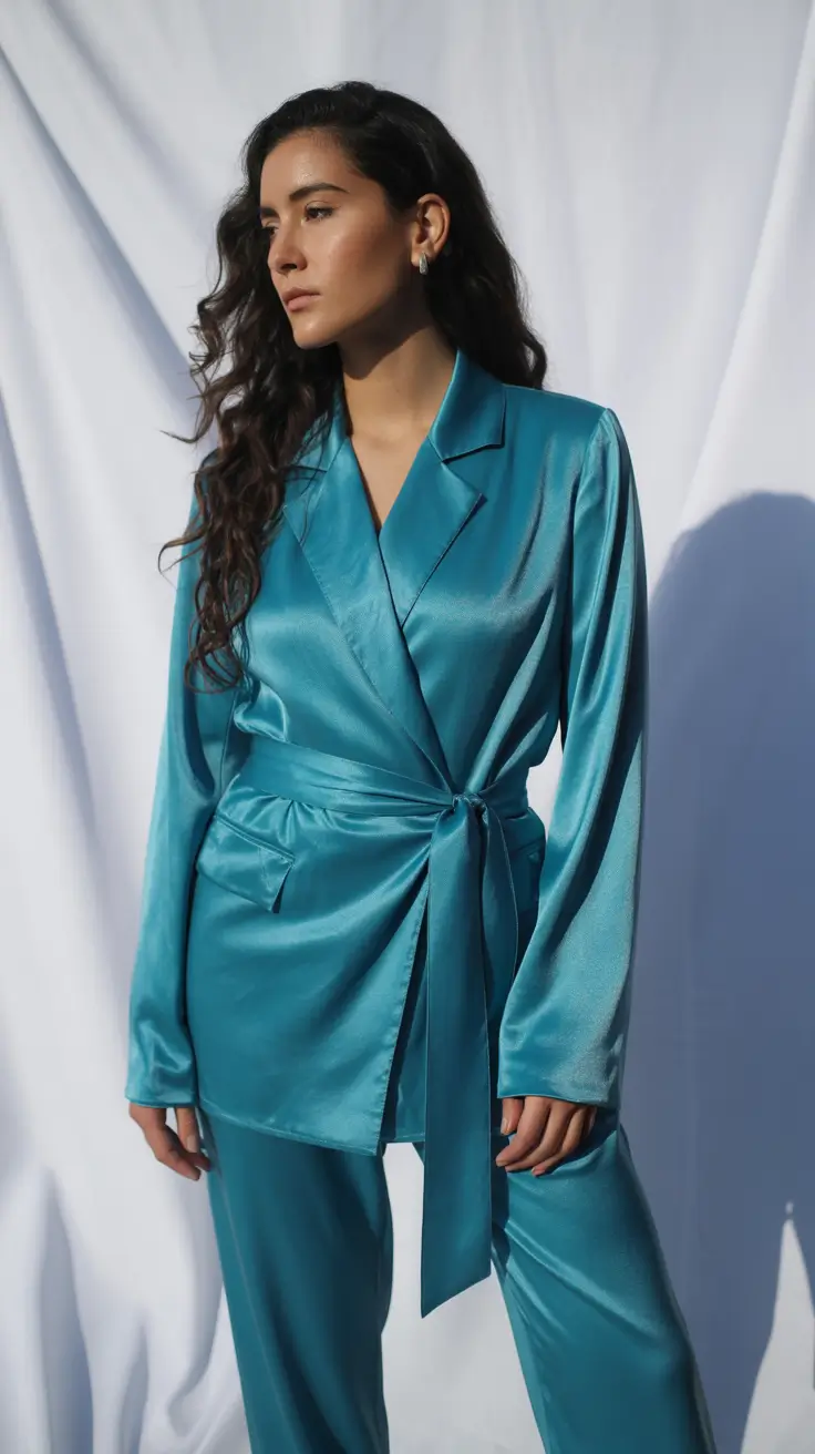 comfortable casual spring outfits 2026 Teal Satin Suiting for Fluid Spring Movement