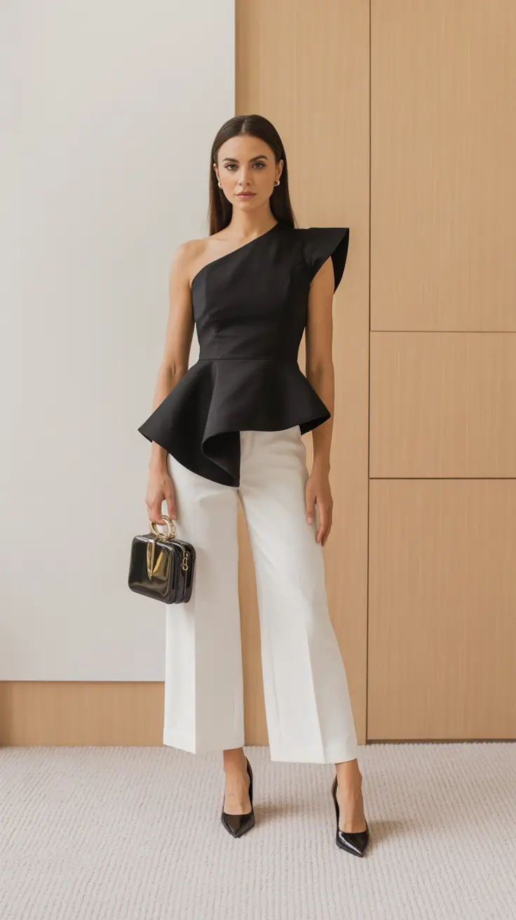 comfortable casual spring outfits 2026 Black Sculptural Top With Crisp White Trousers