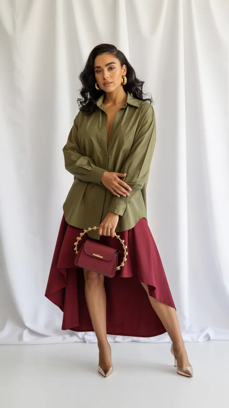 comfortable casual spring outfits 2026 Earthy Shirt and Sculptural High-Low Skirt