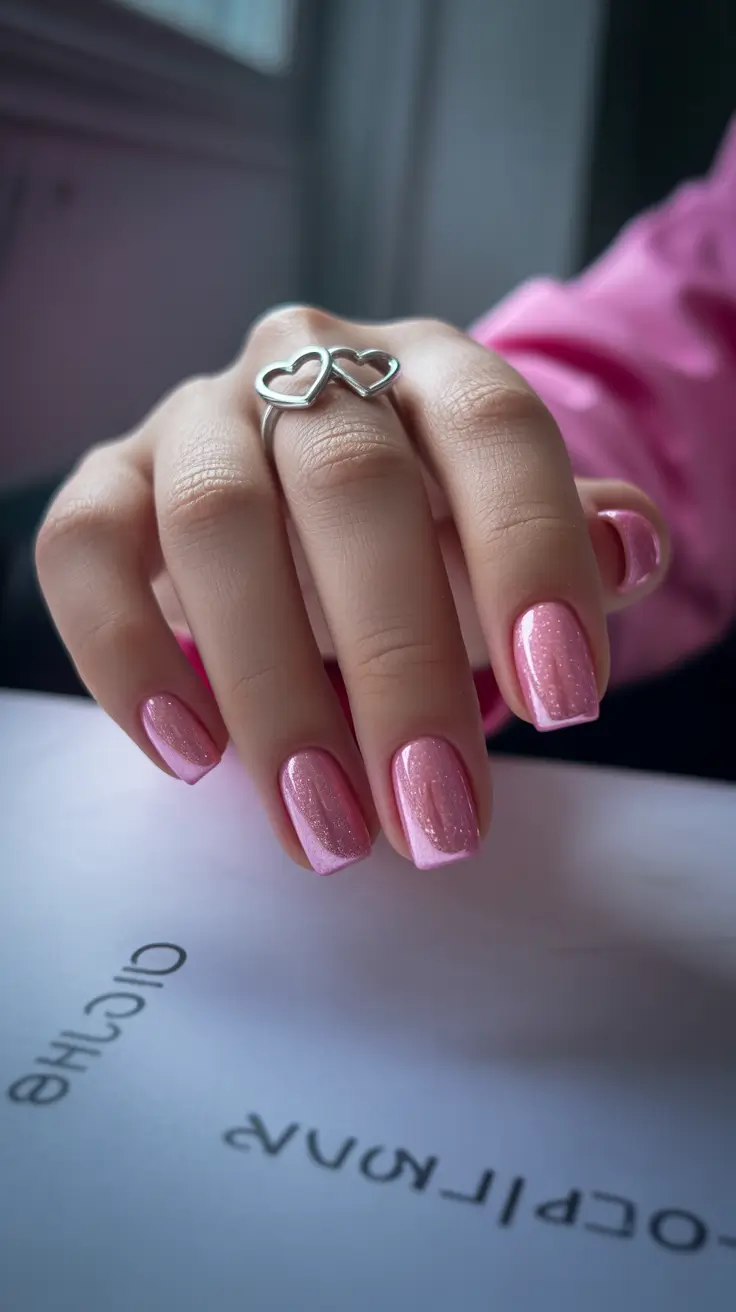 conservative spring nails for work 2026 Rosy Micro Shimmer Square Soft Glow for Everyday Professional