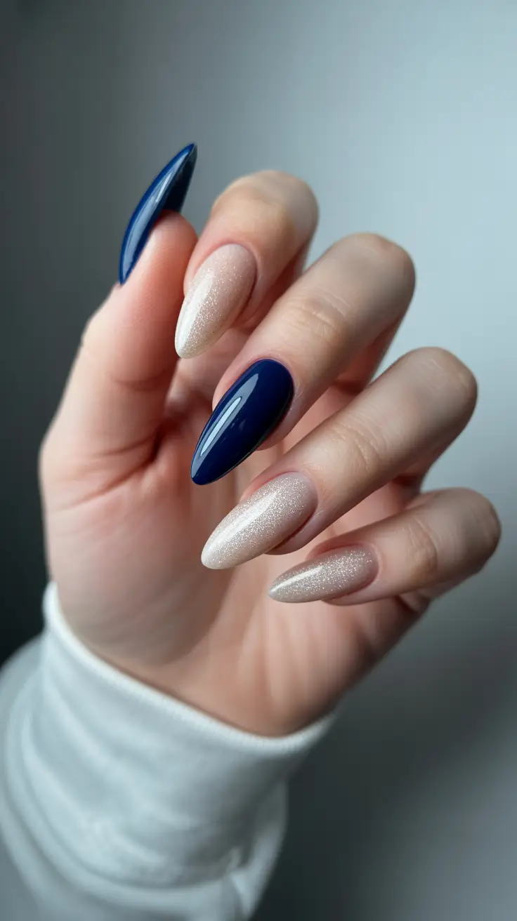 conservative spring nails for work 2026 Navy and Champagne Contrast Structured but Subtle Drama