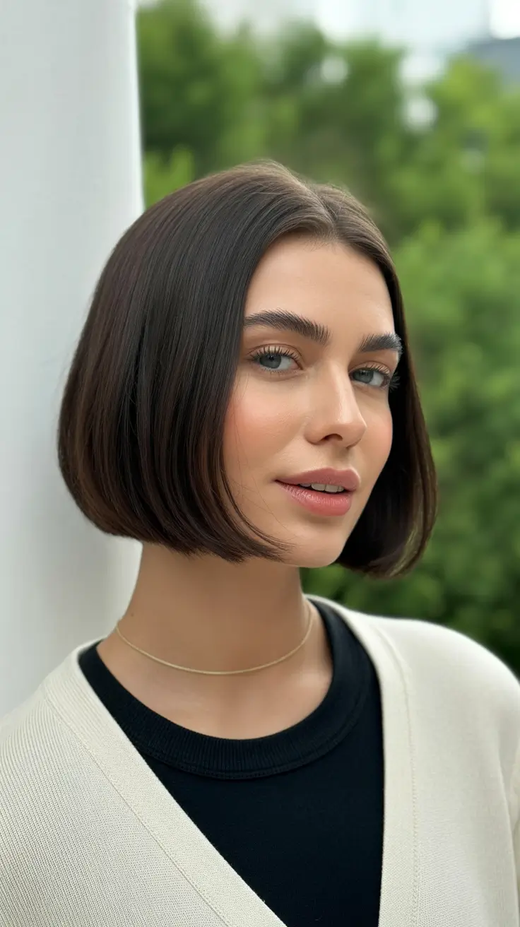 cool spring bob haircut 2026 Natural Brunette Rounded Bob With Subtle Volume