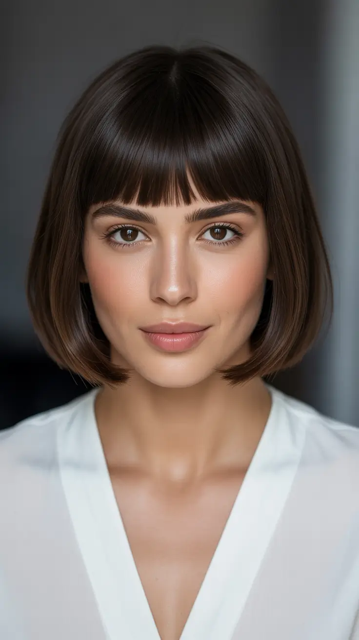 cool spring bob haircut 2026 Structured Brunette Bob With Micro Fringe