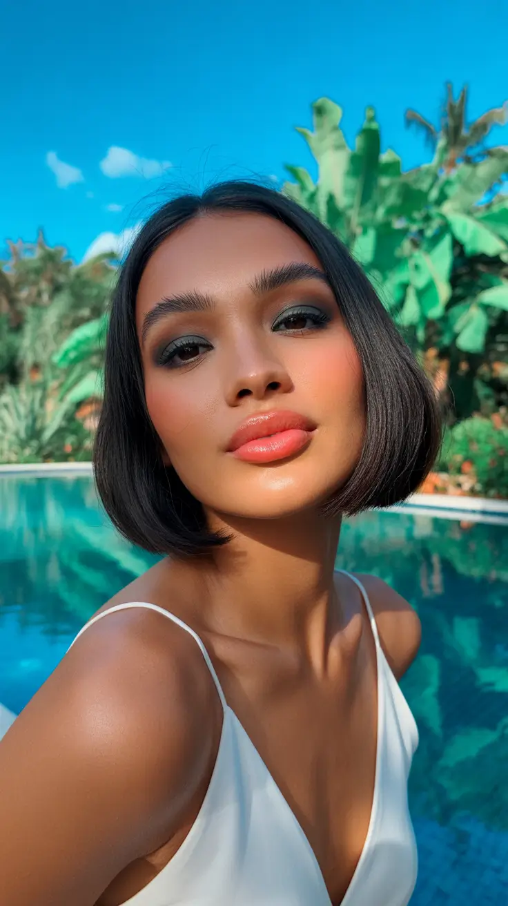 cool spring bob haircut 2026 Glossy Brunette Micro Bob With Tropical Edge