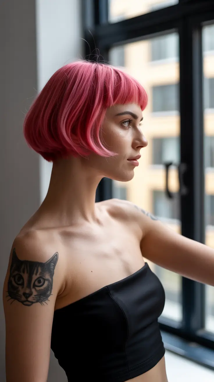 cool spring bob haircut 2026 Electric Pink Graphic Bob With Micro Fringe