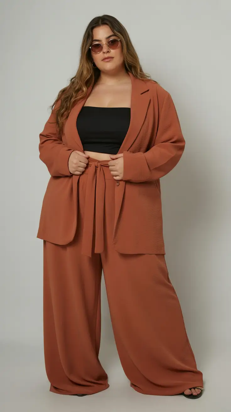 fresh plus size spring outfits 2026 Relaxed Terracotta Suit With a Modern Minimalist Edge