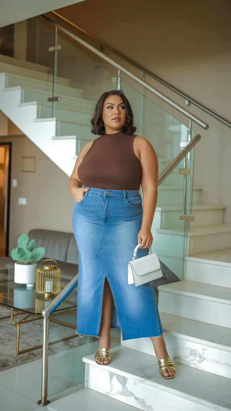 fresh plus size spring outfits 2026 Denim Skirt & Chocolate Brown Top for Polished Simplicity