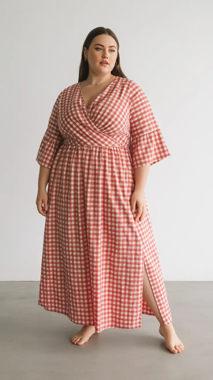 fresh plus size spring outfits 2026 Gingham Wrap Dress for Sweet Spring Ease