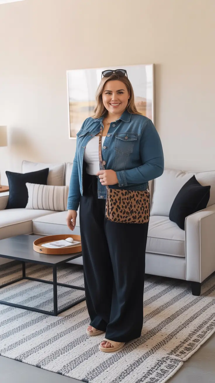 fresh plus size spring outfits 2026 Denim Jacket & Leopard Accents for Casual Spring Personality