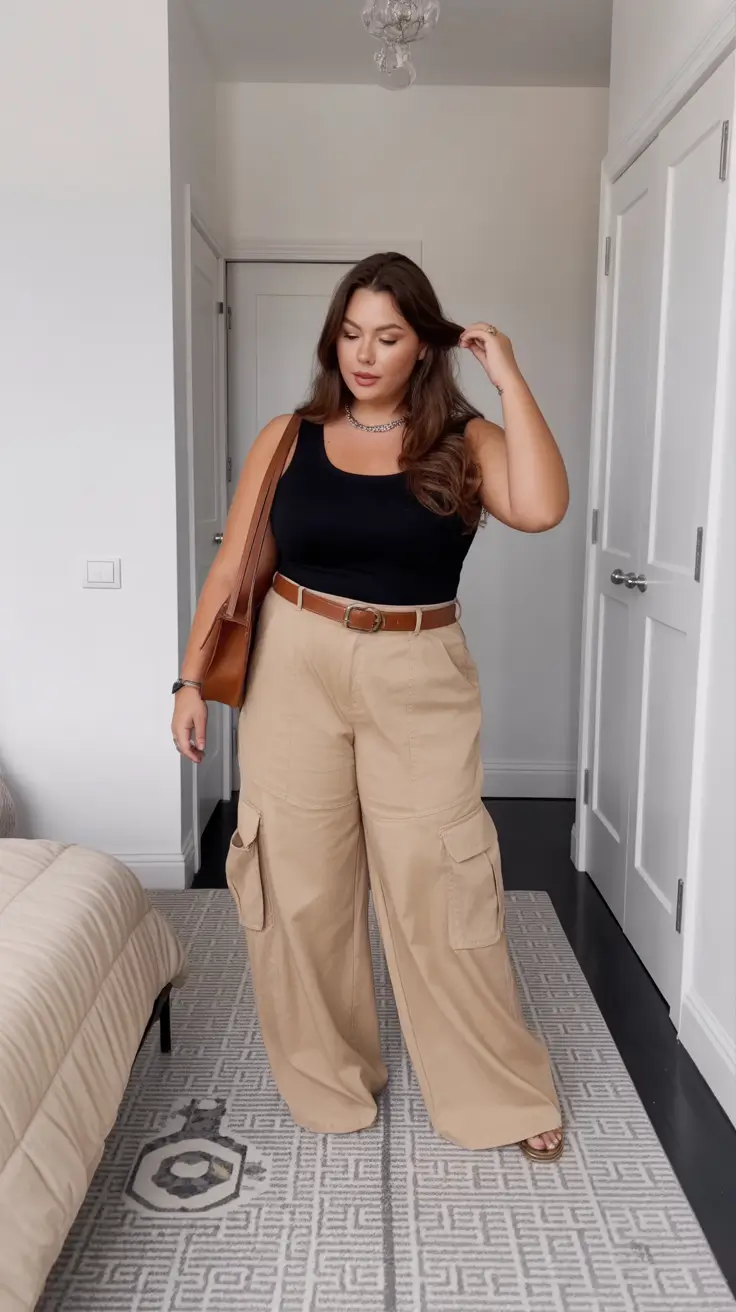 fresh plus size spring outfits 2026 Cargo Pants & a Black Tank for Cool, Off-Duty Spring Style